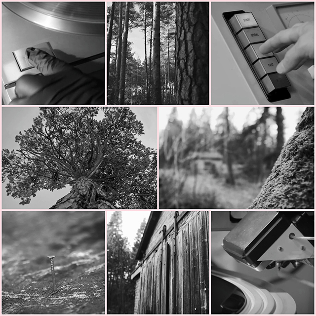 Black and white collage: lathe cutting, trees, and farm.